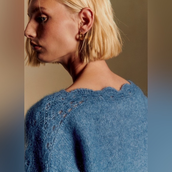 Sézane Stacy Crochet Puff Sleeve Jumper Washed Blue - Picture 3 of 11